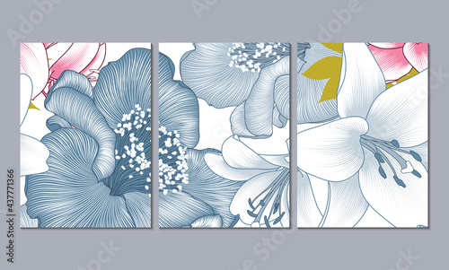 Home decor of the walls. Floral background with flower camelia and lily. Element for design. Set of 3 canvases for wall decoration in the living room, office, bedroom, office.  Vector illustration.