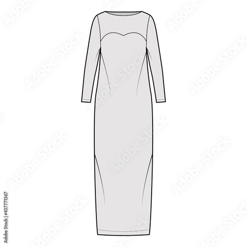 Dress column technical fashion illustration with long sleeves, fitted body, floor maxi length pencil skirt. Flat evening apparel front, grey color style. Women, men unisex CAD mockup