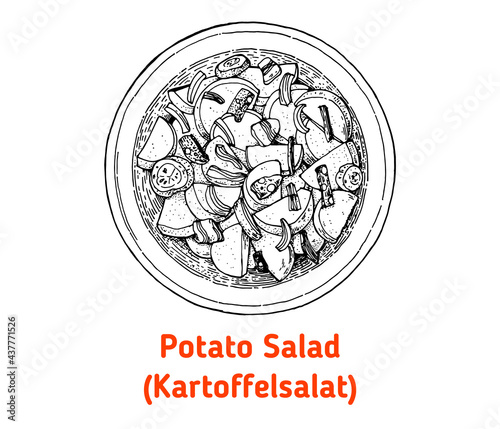 German potato salad hand drawn vector illustration. Kartoffelsalat top view. Vintage design element. Sketch illustration.