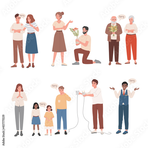 Set of men and women saying sorry to their close people vector flat illustration. Disappointed and upset male and female characters apologizing to offended people. Human relationships concept.