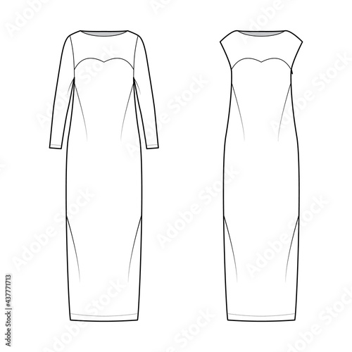 Set of Dresses column technical fashion illustration with long sleeves, sleeveless, fitted body, floor maxi length pencil skirt. Flat evening apparel front, white color style. Women, unisex CAD mockup