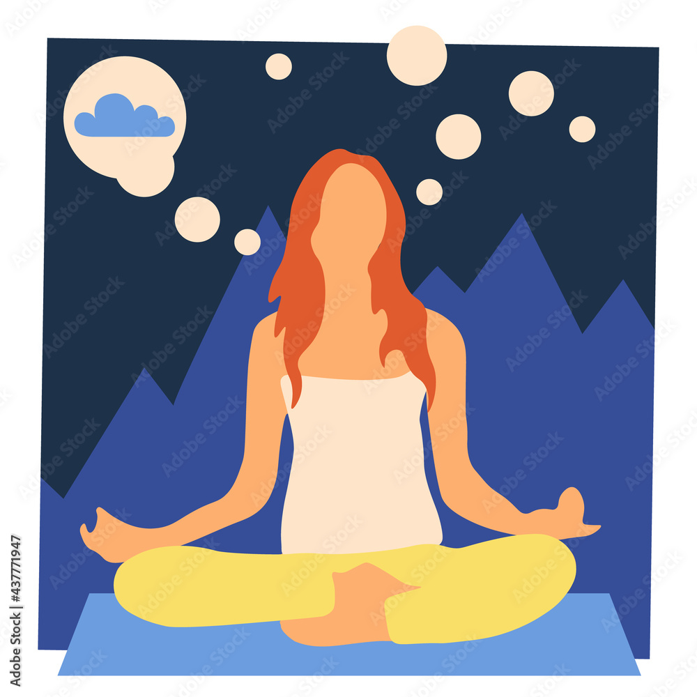Meditating woman with calm though bubbles. Concept of meditation exercise, spiritual practice, calmness. Vector illustration. 