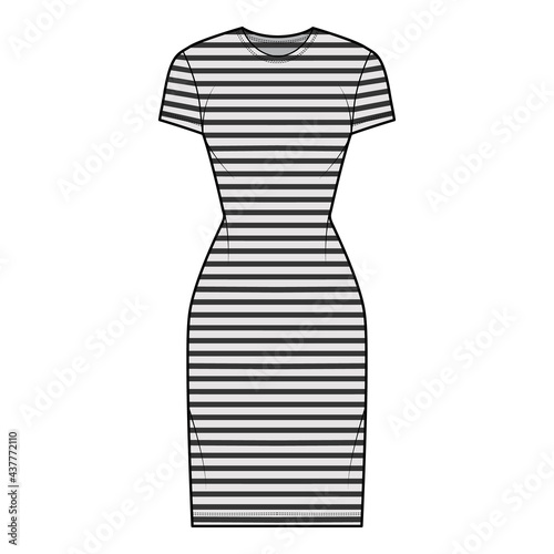 Dress sailor technical fashion illustration with stripes, short sleeves, fitted body, knee length pencil skirt. Flat apparel front, grey color style. Women, men unisex CAD mockup