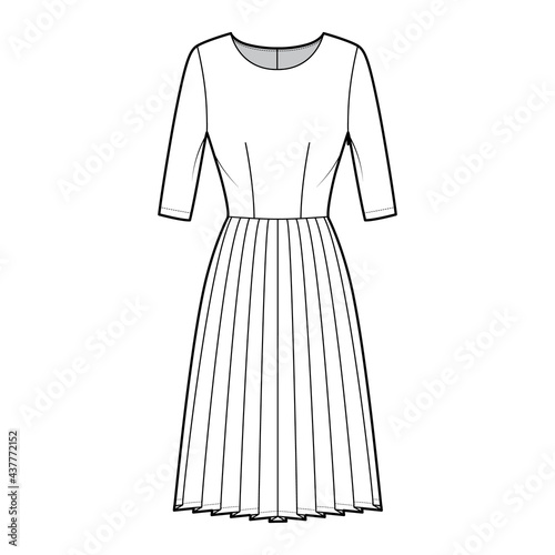 Dress pleated technical fashion illustration with elbow sleeves, fitted body, knee length skirt. Flat apparel front, white color style. Women, men unisex CAD mockup