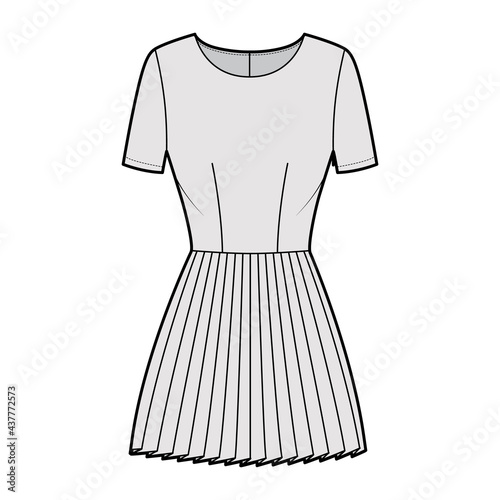 Dress pleated technical fashion illustration with short sleeves, fitted body, mini length skirt. Flat apparel front, grey color style. Women, men unisex CAD mockup