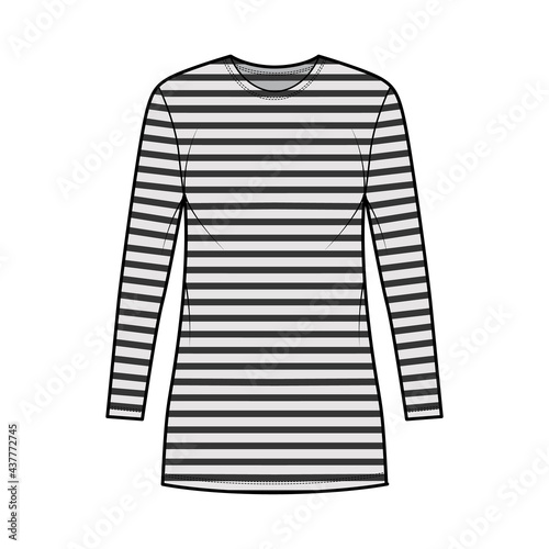 Dress sailor technical fashion illustration with stripes, long sleeves, oversized body, mini length pencil skirt. Flat apparel front, grey color style. Women, men unisex CAD mockup
