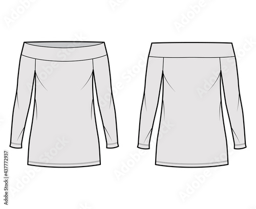 Dress off-the-shoulder Bardot technical fashion illustration with long sleeves, oversized body, mini length pencil skirt. Flat apparel front, back, grey color style. Women, men unisex CAD mockup