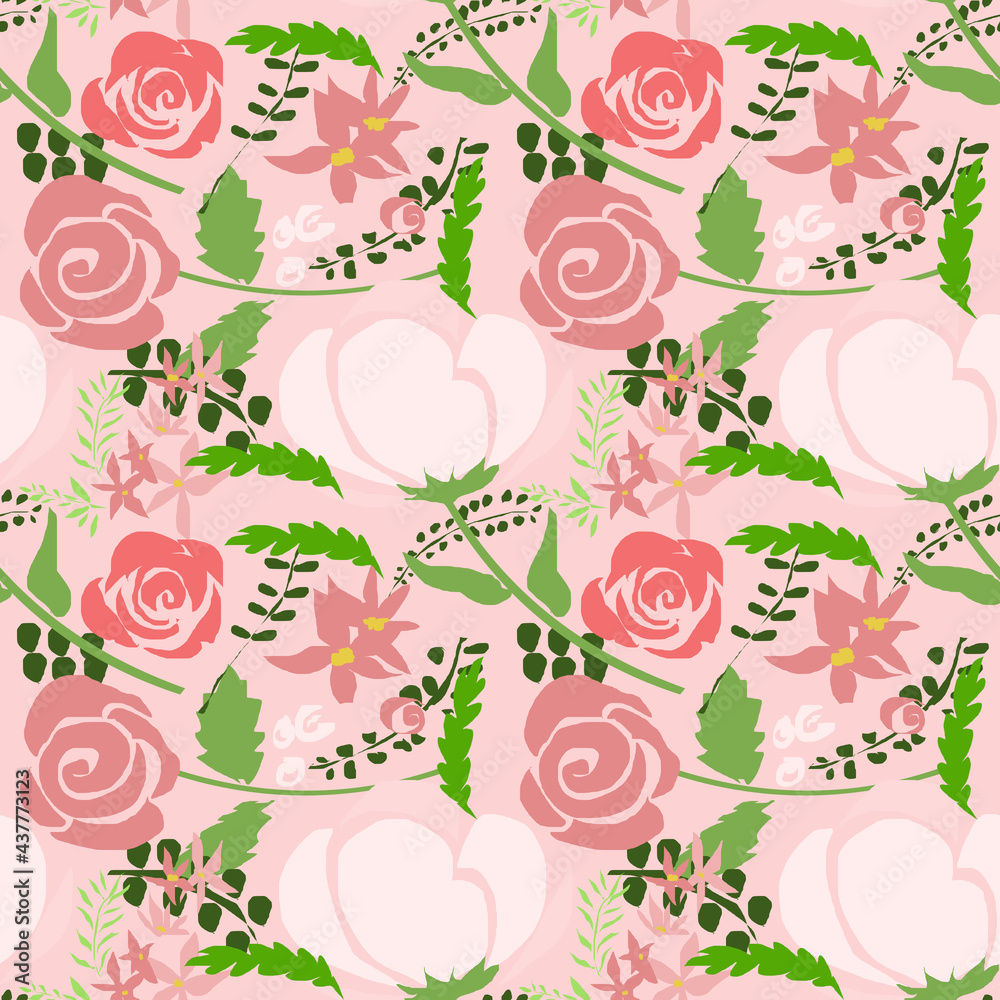 Pattern rose e fiori su sfondo rosa Pattern rose e fiori su sfondo rosa