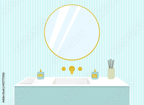 Illustration of a bathroom, washbasin with gold taps, a mirror on a blue wall.