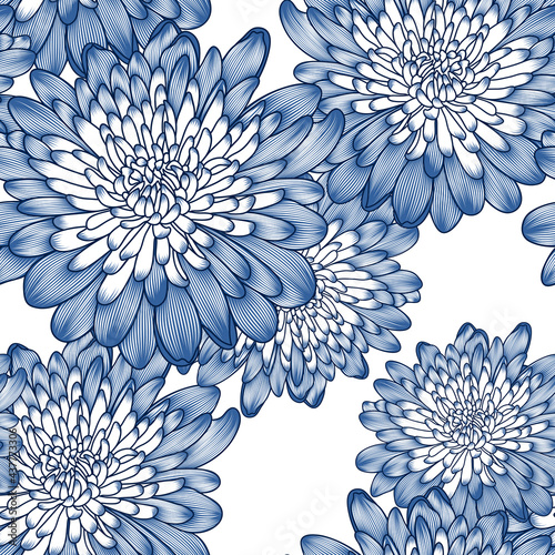 Abstract elegant seamless pattern with hand-drawn chrysanthemums flowers and leaves. Pattern for creating packaging, wallpaper, fabric.