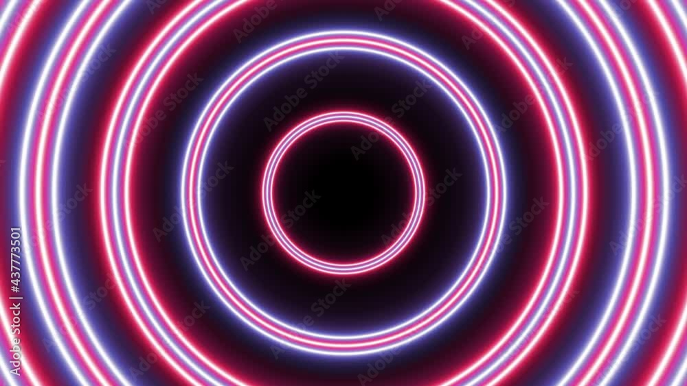 Groups of Pink and Violet neon circles seamless loop animation. Abstract futuristic flight in tunnel motion graphics on a dark background
