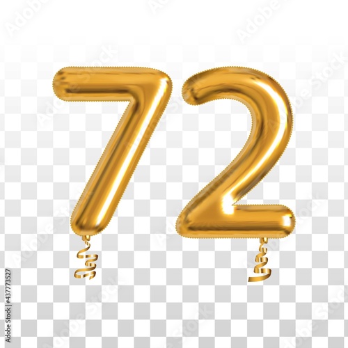 Vector realistic isolated golden balloon number of 72 for invitation decoration on the transparent background.