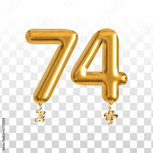Vector realistic isolated golden balloon number of 74 for invitation decoration on the transparent background.