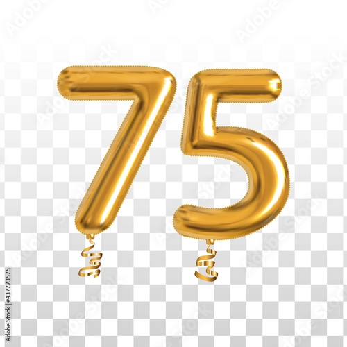 Vector realistic isolated golden balloon number of 75 for invitation decoration on the transparent background.