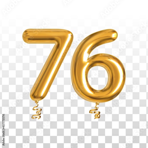 Vector realistic isolated golden balloon number of 76 for invitation decoration on the transparent background.