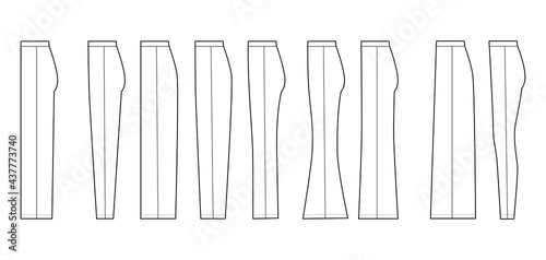 Silhouette of pants side view technical fashion illustration with normal waist, straight, slim fit, baggy, peg top, boot cut, bell bottom, flare, wide leg. Flat trousers bottom template. Women men CAD