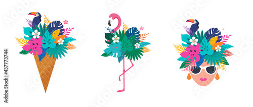 Summer scene with ice cream cone filled with jungle exotic leaves, flamingo and woman's head. Hello summer concept illustration, background and banner