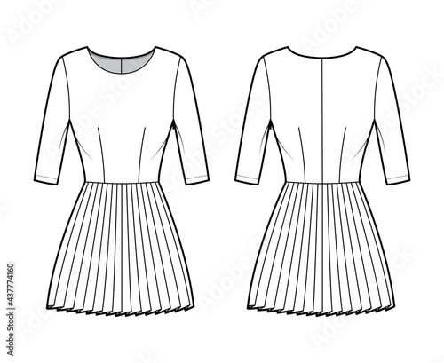 Dress pleated technical fashion illustration with elbow sleeves, fitted body, mini length skirt. Flat apparel front, back, white color style. Women, men unisex CAD mockup