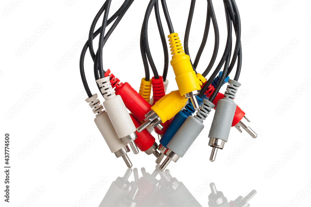 audio cables, connection plugs, multicolored, isolated on a white background, audio cord cable, connecting digital devices audio cables, connection plugs, multicolored, isolated on a white background, audio cord cable, connecting digital devices