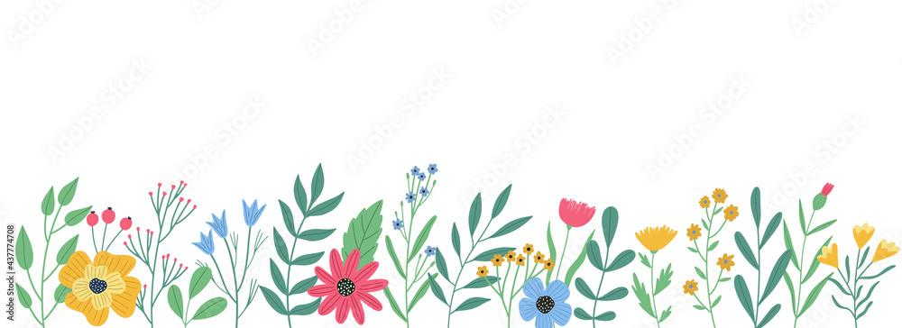 Summer botanical banner or floral backdrop with colorful  flowers and leaves border isolated on white background. Vector illustration