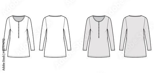 Dress henley collar technical fashion illustration with long sleeves, oversized body, mini length pencil skirt. Flat apparel front, back, white, grey color style. Women, men unisex CAD mockup