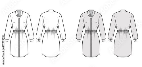 Dress shirt technical fashion illustration with gathered waist, fitted, pencil skirt, classic collar, button closure. Flat apparel front, back, white, grey color style. Women, men unisex CAD mockup