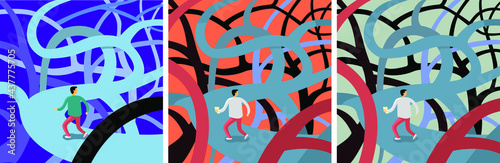 Man lost in maze, vector illustration. Confusion. Doesn't know what to do. Finding a way and a solution. Crossed roads. Labyrinth in different colors. A mess on roads. Uses the map to find a way out.
