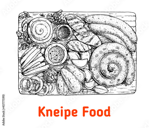 German kneipe food hand drawn vector illustration. Pub food top view. Vintage design element. Sketch illustration.