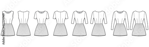 Set of Dresses pleated technical fashion illustration with long elbow short sleeves sleeveless, fitted body, mini length skirt. Flat apparel front, back, white color style. Women men unisex CAD mockup