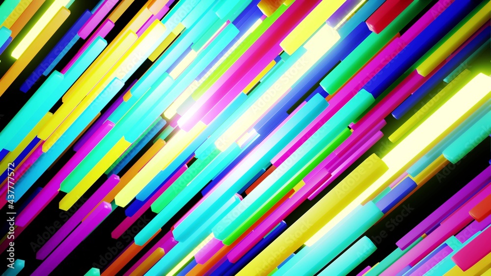 3d render. 3d abstract simple geometric background with multicolor rectangles like light elongated bulbs flashing neon lights fly in the air. Creative simple motion design bg