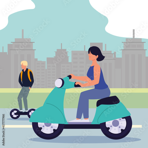 woman man with electric transport
