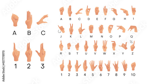 American Sign Language ASL Alphabet. Deaf-mutes hand language. Learning alphabet, nonverbal deaf-mute communication. Vector illustration