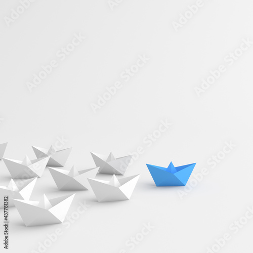 Fototapeta Naklejka Na Ścianę i Meble -  Leadership concept, blue leader boat leading white boats, on white background. 3D Rendering