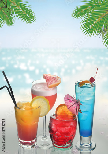Summer concept with exotic drinks blur ocean on background ice drinks. Cocktail menu set  Palm leaves on foreground. Copyspace for text - Image