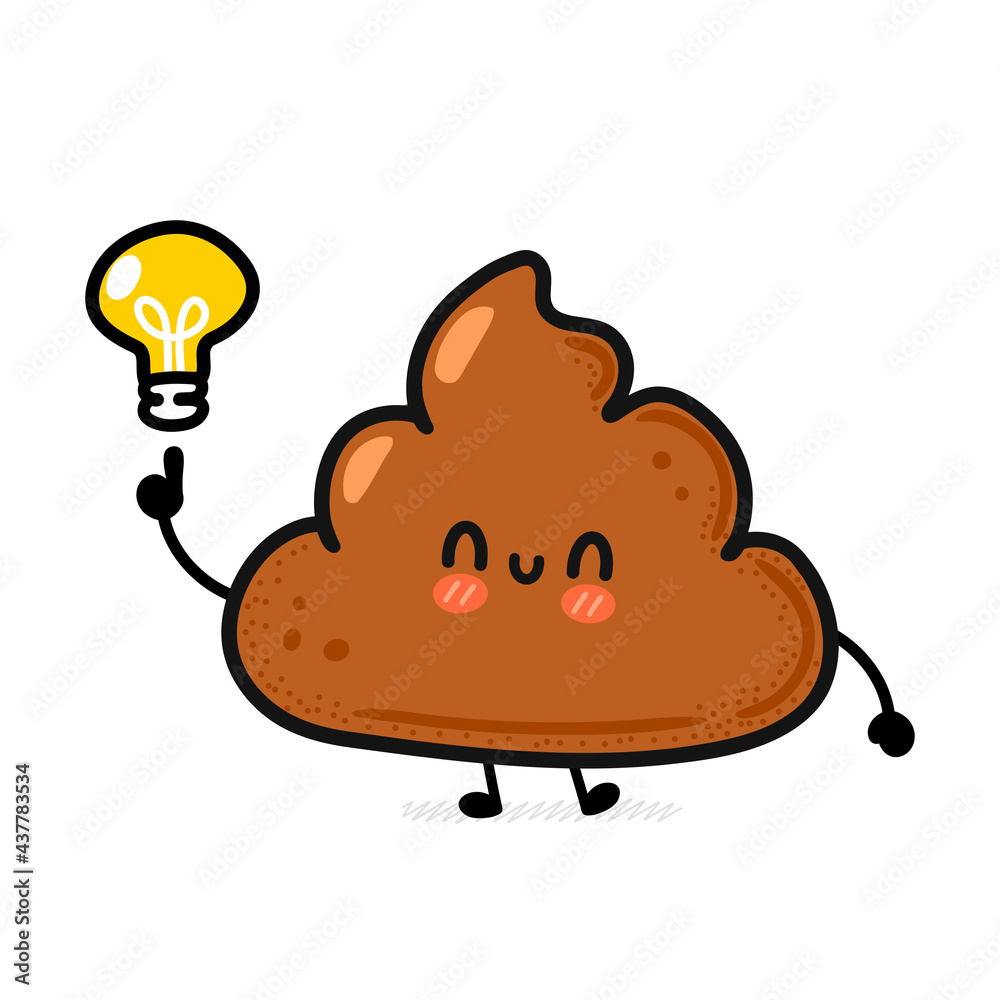 Cute funny happy poop with idea light bulb. Vector hand drawn cartoon kawaii character