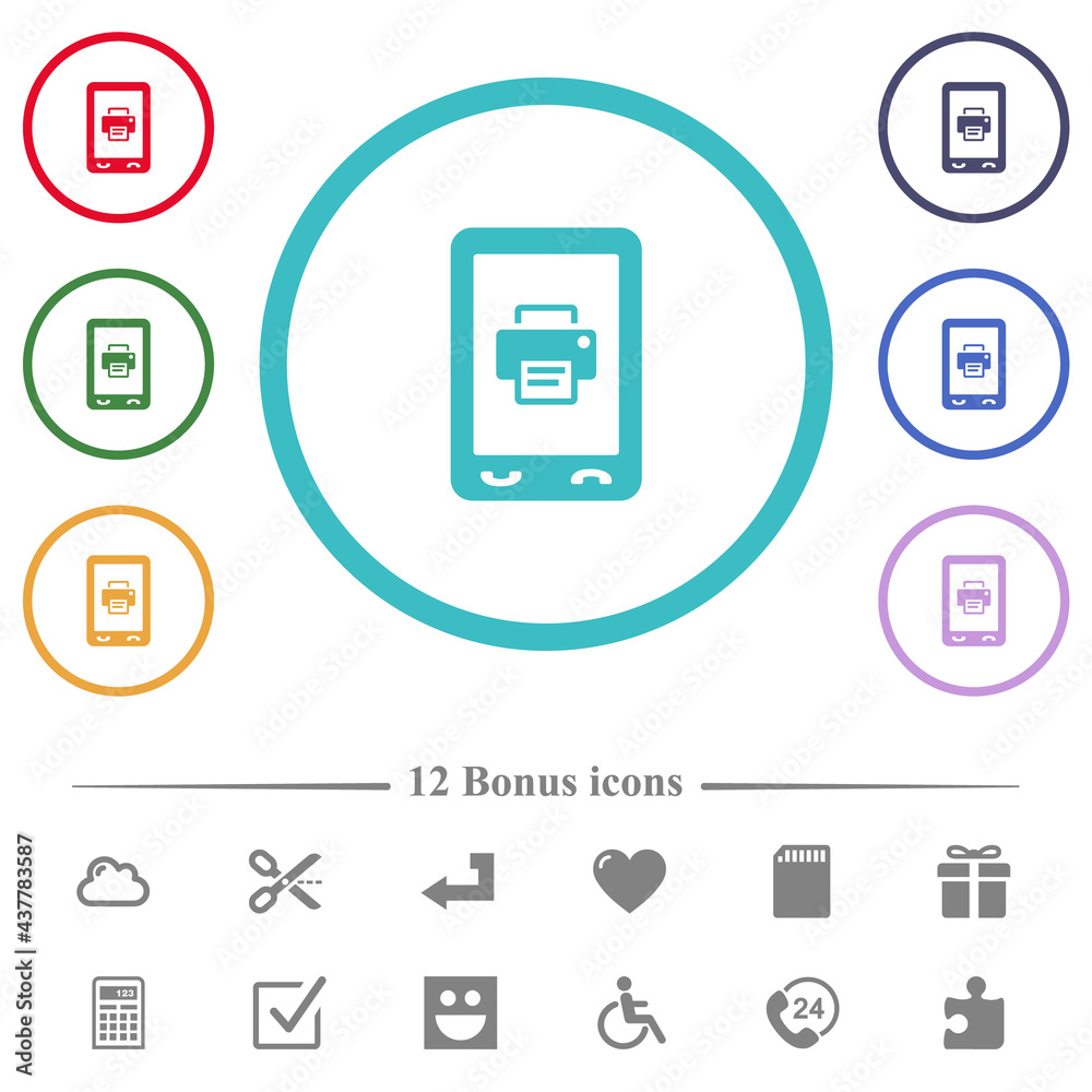 Mobile printing flat color icons in circle shape outlines