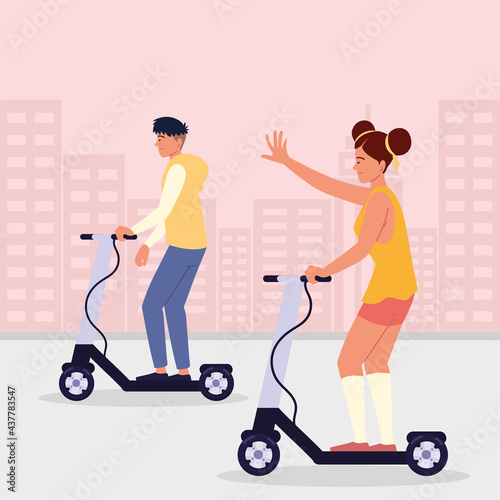 man woman on electric scooter