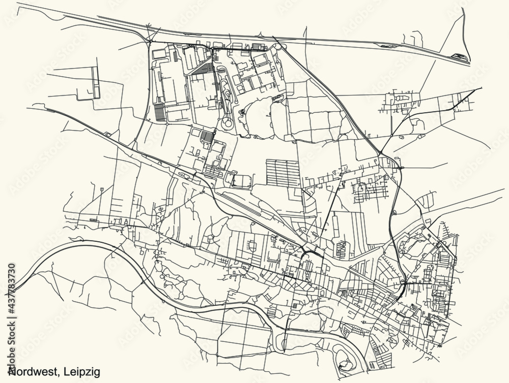 Black simple detailed street roads map on vintage beige background of the quarter Northwest (Nordwest) district of Leipzig, Germany