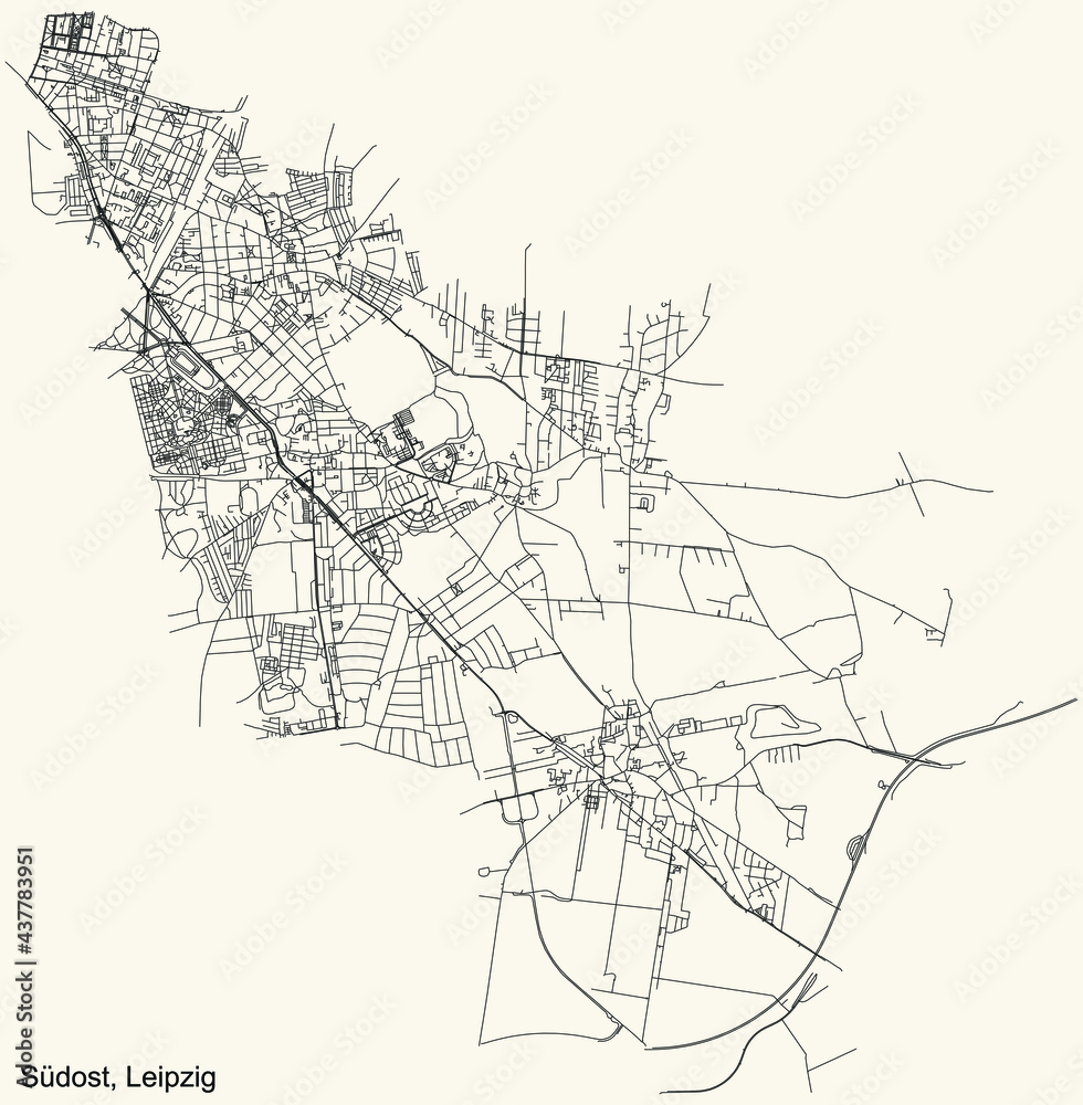Black simple detailed street roads map on vintage beige background of the quarter Southeast (Südost) district of Leipzig, Germany