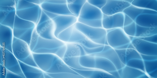 Water surface background with sunlight glares and caustic ripples. Top view. In blue colors