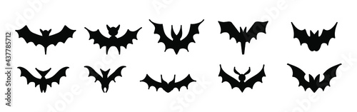 Big set of black silhouettes of bats, vector isolated on white background