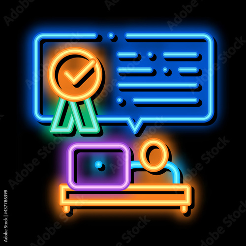 Employee Strives For Victory neon light sign vector. Glowing bright icon Employee Workplace With Laptop, Quote Frame Medal And Text sign. transparent symbol illustration