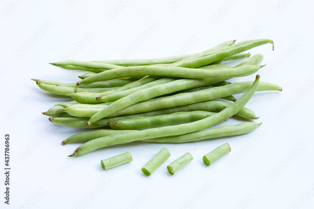 Green beans on white background. Copy space Green beans on white background. Copy space