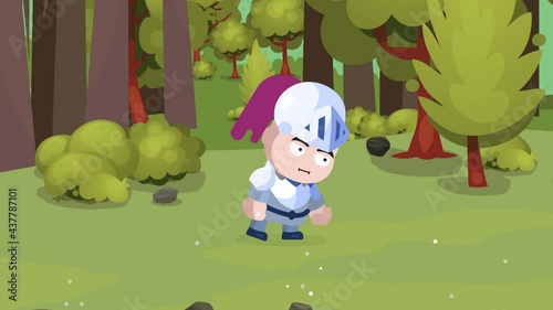 RPG Game Player Character in Heavy Armor with helmet pick up from the ground in the forest