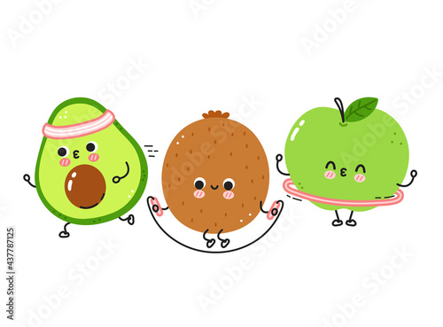 Cute funny fruits make gym set collection. Vector flat line cartoon kawaii character illustration icon. Isolated on white background. Awocado,apple,kiwi workout character bundle