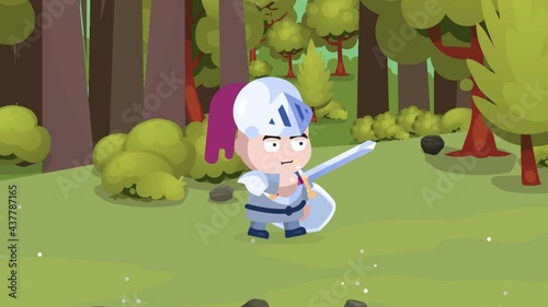RPG Game Player in Heavy Armor with helmet Holding a One handed Sword and shield is Walking and Charging Forward in the forest
