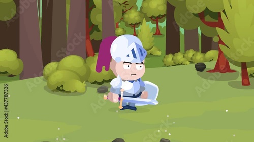 RPG Game Player in Heavy Armor with helmet Holding a One handed Sword and shield is Walking Forward in the forest
