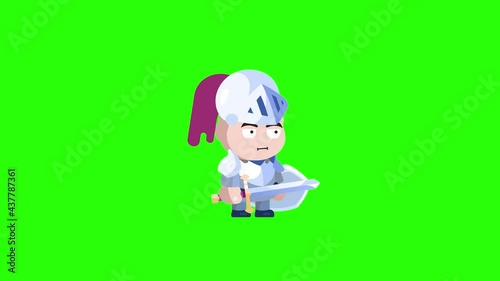 RPG Game Player in Heavy Armor with helmet Holding a One handed Sword and Shield is attacking and swinging his sword Green Screen 

