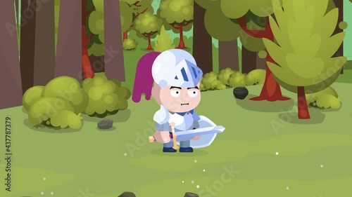 RPG Game Player in Heavy Armor with helmet Holding a One handed Sword and Shield is attacking and swinging his sword in the forest
