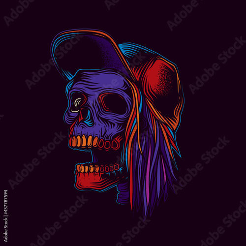 Original vector illustration in neon style. Skull rocker in a baseball cap with hair on one side.